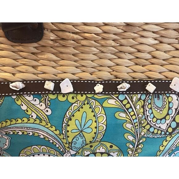 Vera Bradley Peacock Floral Straw Wicker Fabric Tote Bag Blue Green Large - Picture 6 of 11